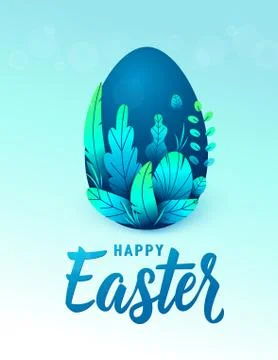 Happy easter card, big 3d nature egg with spring leaves. Text lettering sign for Stock Illustration