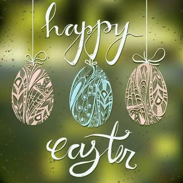 Happy Easter card with blurred background and three ornamental eggs. Stock Illustration