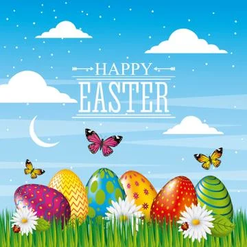 Happy easter card bright eggs butterfly field sky Stock-Illustration