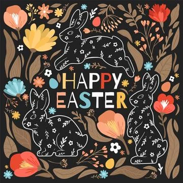 Happy Easter card with bunnies, eggs, and flowers. Modern flat vector illustr Stock Illustration