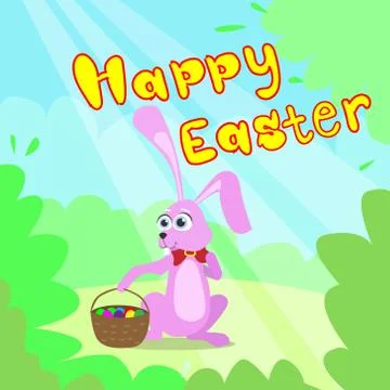 Happy Easter Card Bunny Basket Spring Landscape Green Grass Eggs Rabbit Illustrazione stock