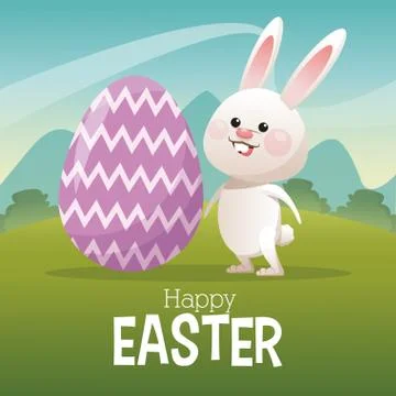 Happy easter card bunny big egg landscape Stock Illustration