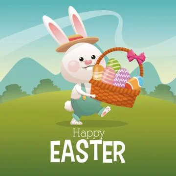 Happy easter card bunny carrying basket egg landscape Stock Illustration