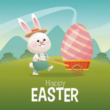 Happy easter card bunny carrying egg landscape Stock Illustration