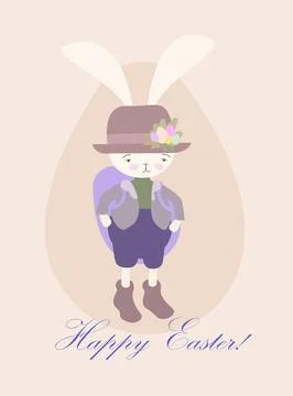 Happy Easter card. Bunny in clothes, in a hat with an egg on his shoulders. V Stock Illustration