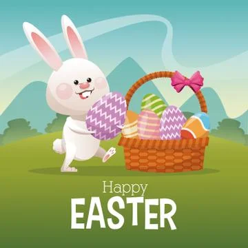Happy easter card bunny collecting egg landscape Stock Illustration