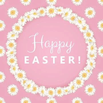 Happy easter card. Chamomile round frame on pink background Stock Illustration