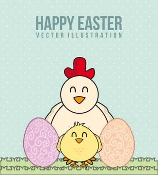 Happy easter card with chicken and eggs. vector illustration Stock Illustration