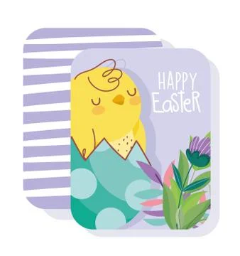Happy easter card chicken on eggshell flowers leaves Stock Illustration