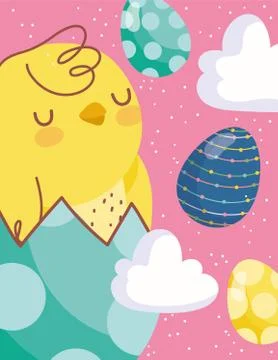 Happy easter card chicken on eggshell eggs clouds decoration Illustrazione stock