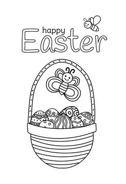Happy Easter card. Coloring page. Black and white basket of eggs. Vector Stock Illustration