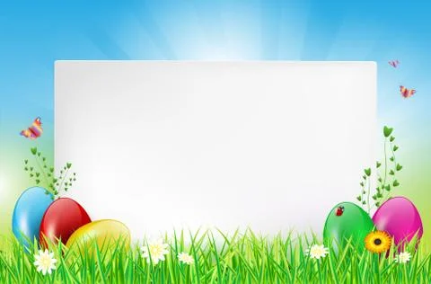 Happy Easter card with copy space and eggs in grass Stock Illustration