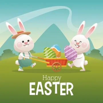 Happy easter card couple bunny egg landscape Illustrazione stock
