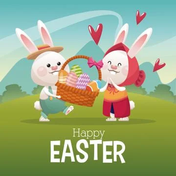 Happy easter card couple bunny basket egg landscape Illustrazione stock