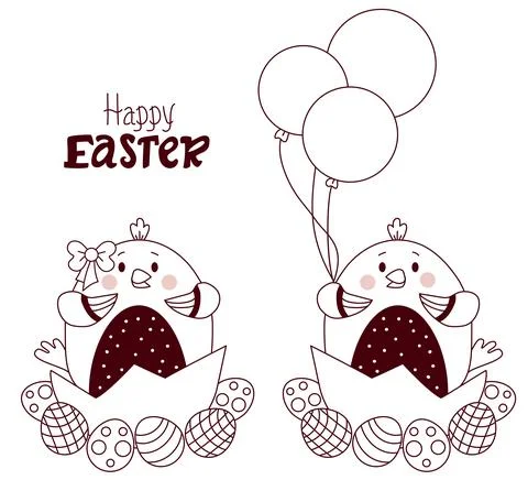 Happy Easter card. Couple of cute Easter chicks - boy and girl with Easter eggs  Stock Illustration