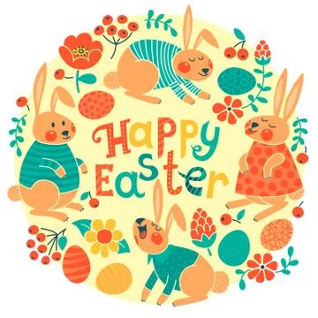 Happy Easter card with cute bunnies and colored eggs. Stock Illustration