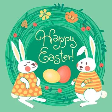 Happy Easter card with cute bunnies and colored eggs. Stock Illustration