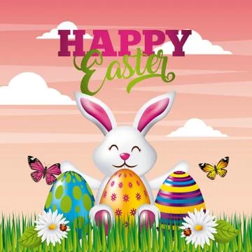 Happy easter card cute bunny colored eggs butterfly flowers and landscape Stock Illustration