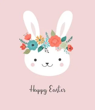 Happy Easter card - cute bunny with flower crown, vector illustration Stockillustratie
