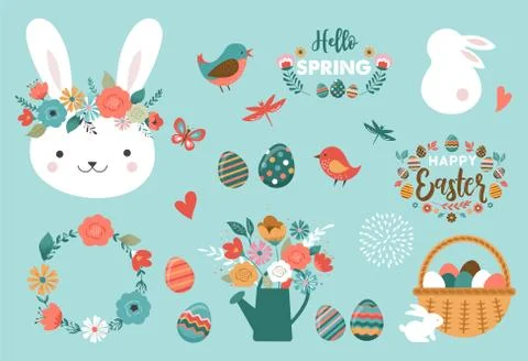 Happy Easter card - cute bunny, eggs, birds and flowers elements, vector 库存插图