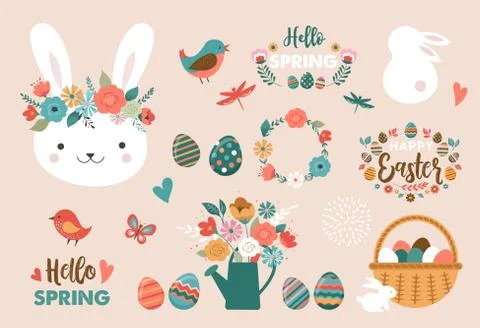 Happy Easter card - cute bunny, eggs, birds and flowers elements, vector 库存插图