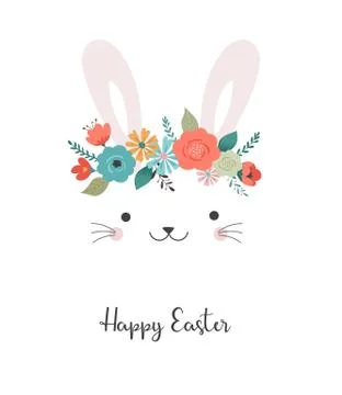 Happy Easter card - cute bunny with flower crown, vector illustration Stockillustratie
