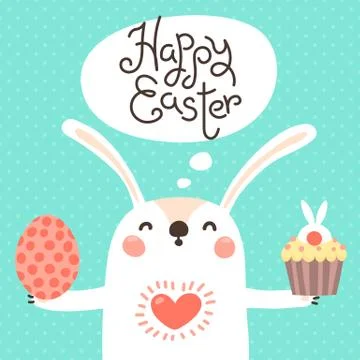 Happy Easter card with cute bunny. White rabbit with painted egg and Easter Stock Illustration