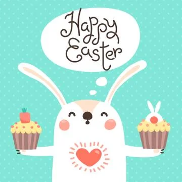 Happy Easter card with cute bunny. White rabbit with Easter cupcake. Vector 库存插图