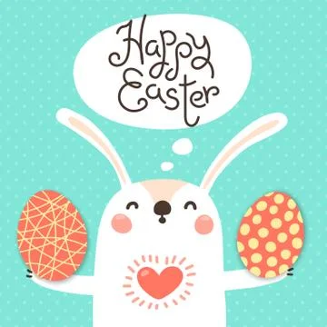 Happy Easter card with cute bunny. White rabbit with painted egg. Vector Stock Illustration