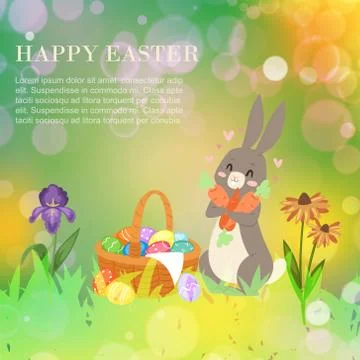 Happy Easter card with cute bunny, baby rabbit and basket with colored eggs Stock Illustration