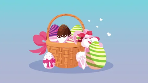 Happy easter card with cute female rabbit and eggs painted in basket Stock Footage 150176291