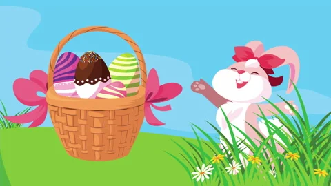 Happy easter card with cute female rabbit and eggs in basket Stock Footage 150177463