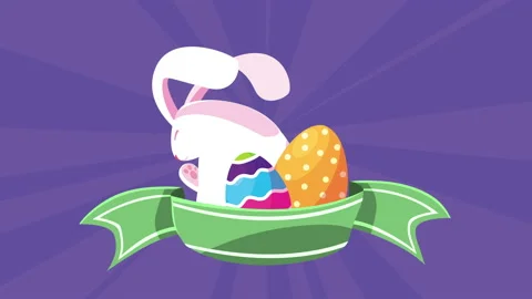 Happy easter card with cute rabbit and eggs painted Stock Footage 150173989