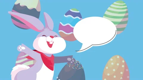 Happy easter card with cute rabbit talking and eggs pattern Stock Footage 150174945