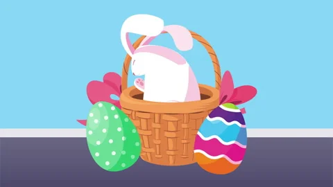 Happy easter card with cute rabbit in basket and eggs painted Stock Footage 150175190