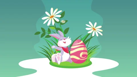 Happy easter card with cute rabbit and egg painted in the garden Stock Footage 150176824