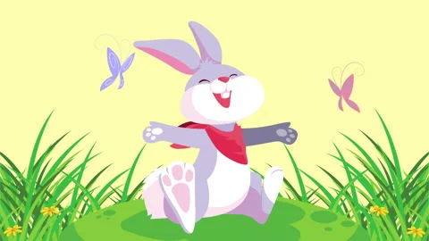 Happy easter card with cute rabbit and butterflies in the camp Stock Footage 150177177