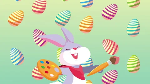 Happy easter card with cute rabbit painting eggs pattern Stock Footage 150177243
