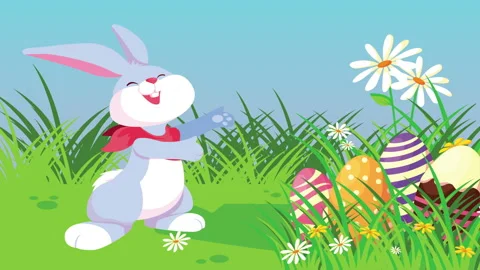 Happy easter card with cute rabbit and eggs painted in the camp Stock Footage 150177531