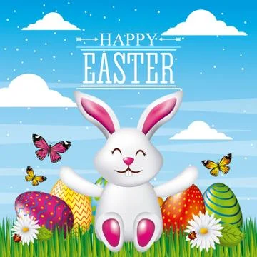 Happy easter card cute rabbit sitting with bright eggs butterflies and flower Stock-Illustration