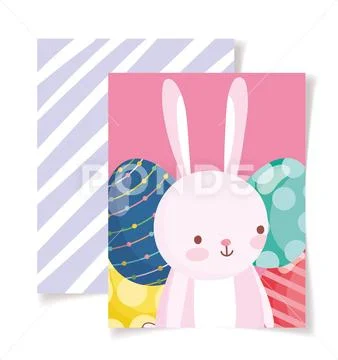 Happy easter card cute rabbit decorated eggs stripes background Stock Illustration