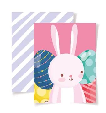 Happy easter card cute rabbit decorated eggs stripes background Stock Illustration
