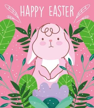 Happy easter card cute rabbit foliage nature leaves Stock Illustration