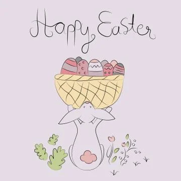 Happy Easter card with cute rabbit holding a basket full of eggs. Vector cart Stock Illustration