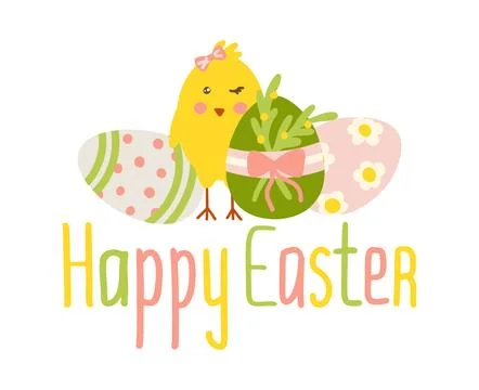 Happy Easter card with a cute yellow chick, decorated eggs, and a festive bow. Illustrazione stock