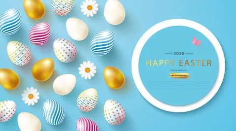 Happy Easter card with decorated eggs and daisies.Vector illustration for banner Stock Illustration