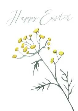 Happy Easter card design with hand lettering text and flowers, branches and Stock Illustration