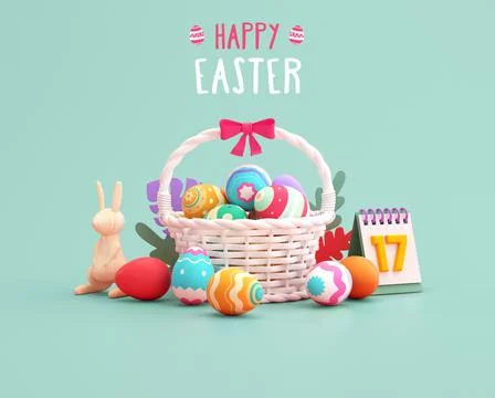 Happy Easter card design template with painted eggs, basket and wooden rabbit Foto stock