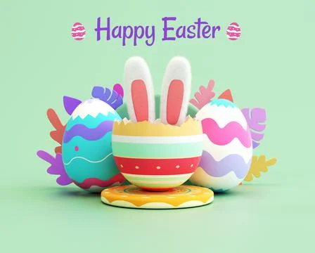 Happy Easter card design template with painted eggs and rabbit ears in pastel Stock-Fotos