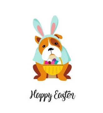 Happy Easter card, dog wearing bunny costume Stock Illustration